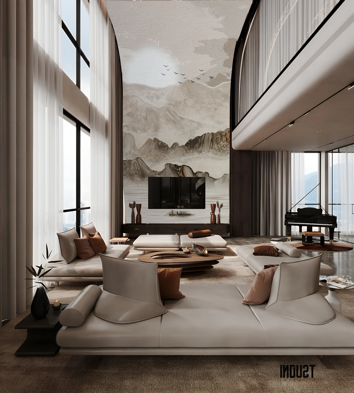 Misty Mountain Boat Landscape Wall Mural