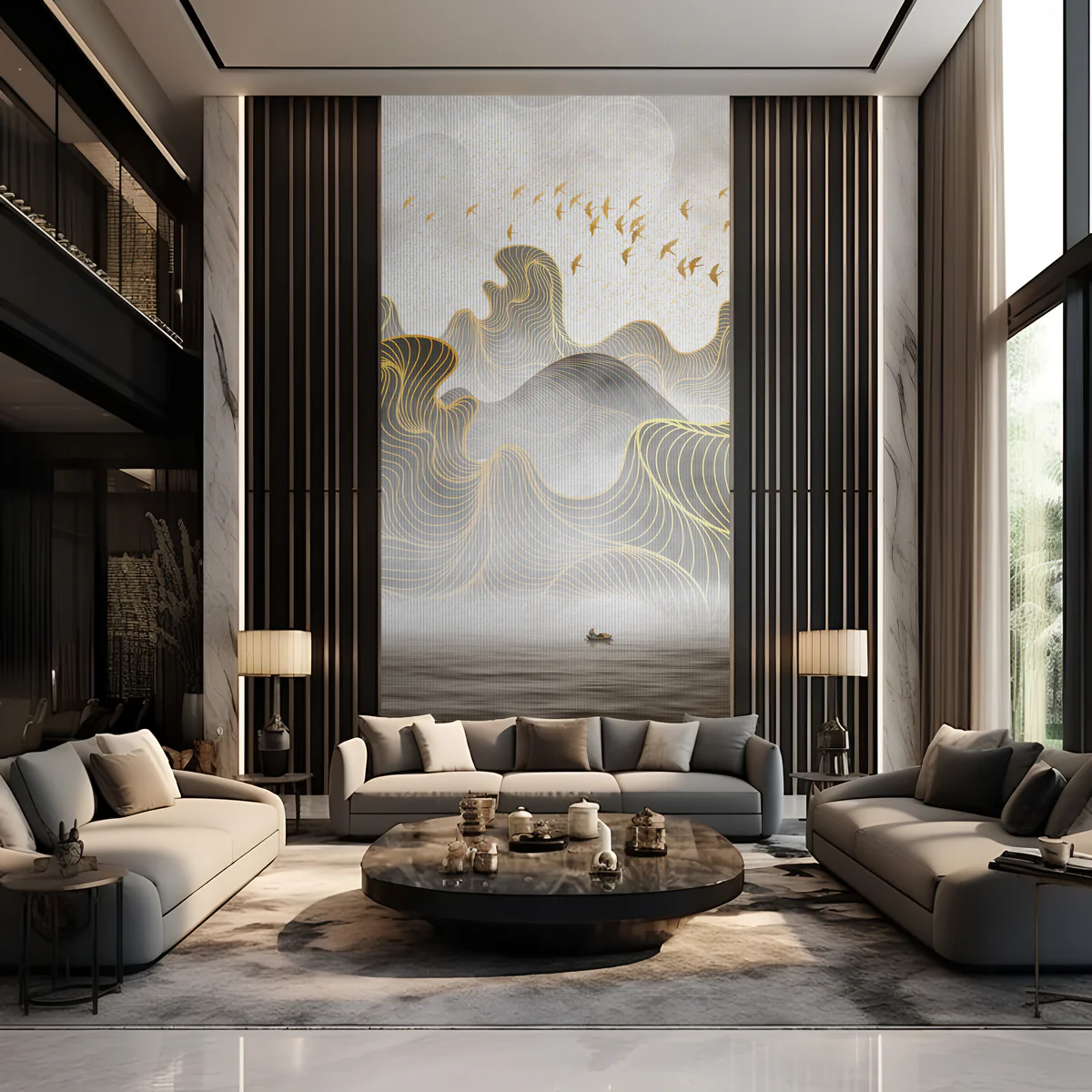 Golden Wave Mountain Abstract Wall Mural