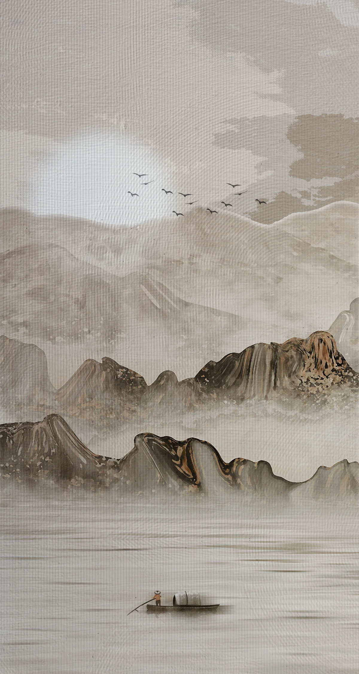 Misty Mountain Boat Landscape Wall Mural Alternate View