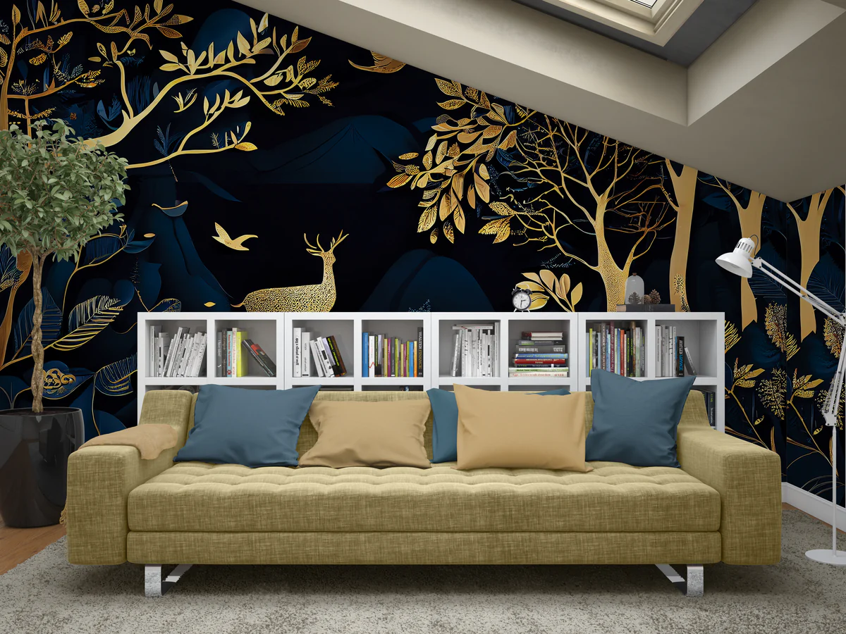 Royal Blue & Gold Forest Wall Mural