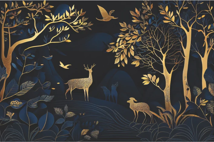 Royal Blue & Gold Forest Wall Mural Alternate View