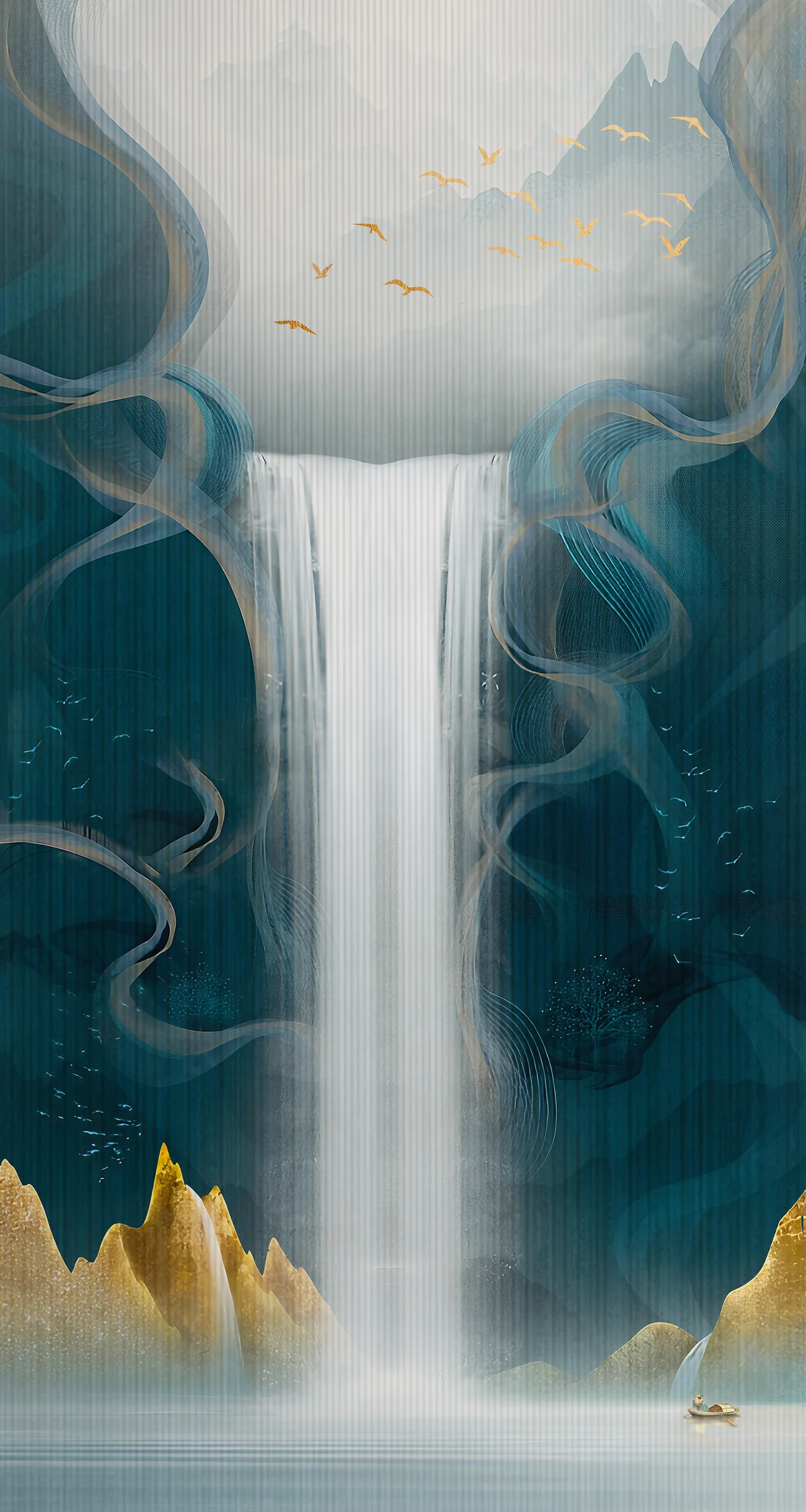 Teal Waterfall Mountain Wall Mural Alternate View